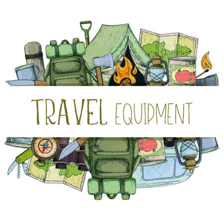 Colorful sketch cartoon illustration of camping and tourism equipment.のイラスト素材