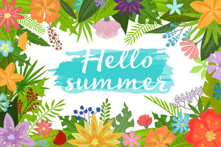 Hello Summer background with tropical flowers and leaves doodle style, design for postcard and invitation. Vectorのイラスト素材