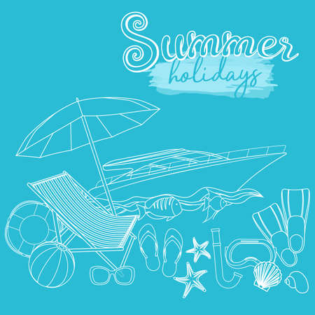 Set of beach summer holidays accessories, cartoon illustration. Vectorのイラスト素材