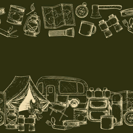 Seamless borders of travel equipment. Accessories for camping and camps. Sketch illustration of camping and tourism equipment. Vectorのイラスト素材
