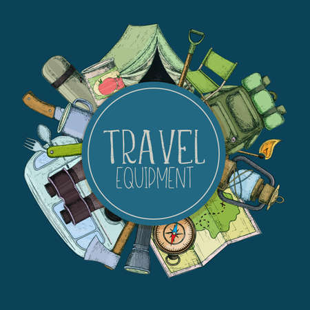 Set of travel equipment. Accessories for camping and camps. Colorful sketch cartoon illustration of camping and tourism equipment. Vectorのイラスト素材
