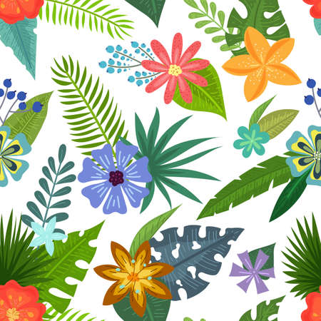 Seamless pattern with tropical flowers and leaves doodle style, design for postcard and invitation. Vectorのイラスト素材