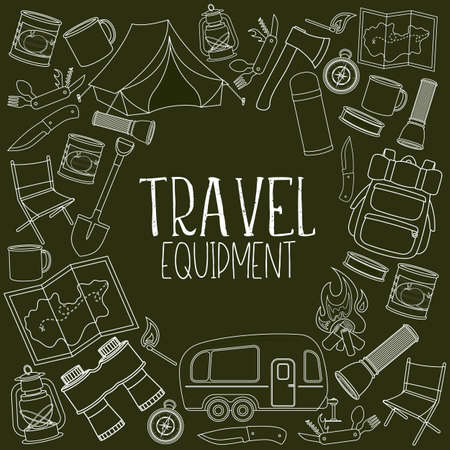 Set of travel equipment. Accessories for camping and camps. Line icons of camping and tour equipment. Vectorのイラスト素材