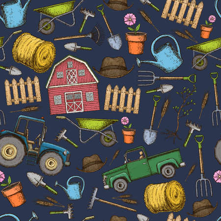 Seamless pattern of farming equipment icons. Farming tools and agricultural machines decoration, sketch illustration. Vectorのイラスト素材