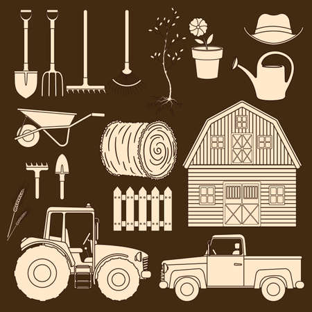 Set of farming equipment line icons. Farming tools and agricultural machines decoration vector.のイラスト素材