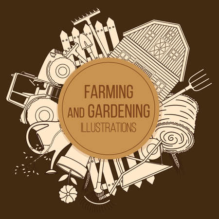 Set of farming equipment liine icons. Farming tools and agricultural machines decoration. Vectorのイラスト素材