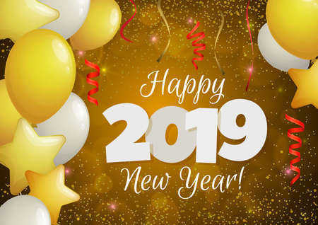 Happy New Year 2019 greeting banner. Festive background with colorful confetti, party popper and...