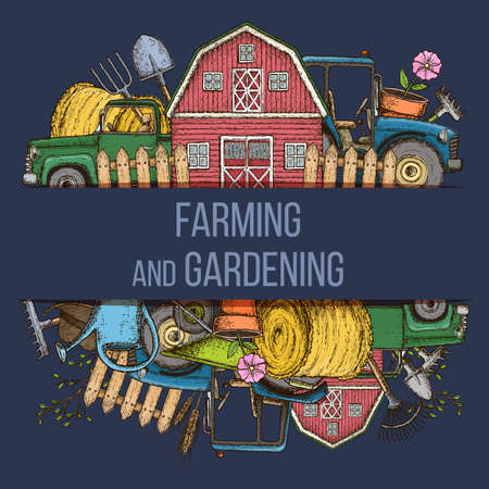 Set of farming equipment icons. Farming tools and agricultural machines decoration, sketch illustration. Vectorのイラスト素材