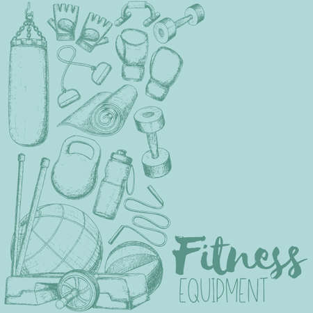 Set of fitness accessories, sketch cartoon illustration of gym equipment for home exercise. Vectorのイラスト素材
