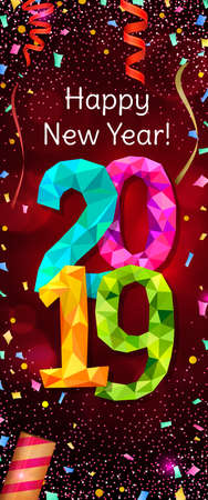 Happy New Year 2019 greeting vertical banner. Festive illustration with colorful confetti, party popper and sparkles. Vectorのイラスト素材