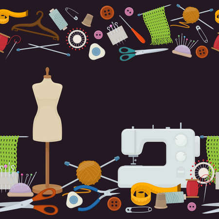 Seamless borders of tools for needlework and sewing. Handmade equipment and needlework accessoriesy, cartoon illustration. Vectorのイラスト素材