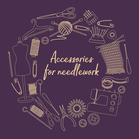 Set of tools for needlework and sewing. Handmade equipment and needlework accessoriesy, line cartoon illustration. Vectorのイラスト素材