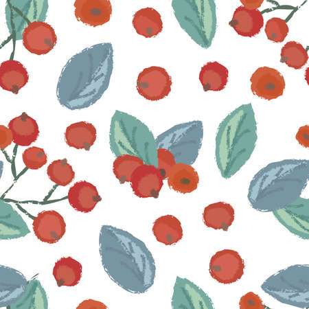 Seamless pattern of cranberry - vintage illustration of forest berry with torn edges and brush...