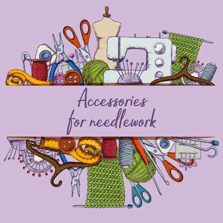 Set of tools for needlework and sewing. Handmade equipment and needlework accessoriesy, sketch illustration. Vectorのイラスト素材