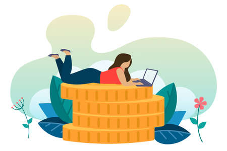 The concept of earning online. Distant work on a laptop, woman freelancer makes money working on the Internet. Vectorのイラスト素材