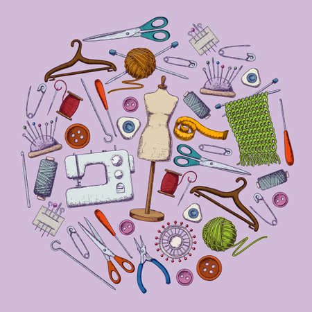 Set of tools for needlework and sewing. Handmade equipment and needlework accessoriesy, sketch illustration. Vectorのイラスト素材