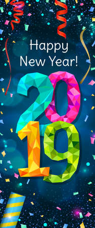 Happy New Year 2019 greeting vertical banner. Festive illustration with colorful confetti, party...