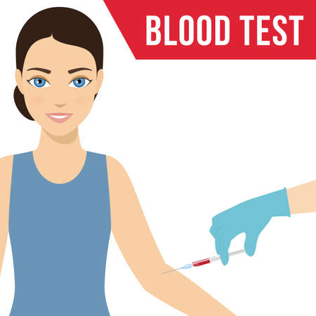 Blood collection from a woman with a syringe. Doctor makes blood collection for blood test, dna test, medical examination. Vectorのイラスト素材
