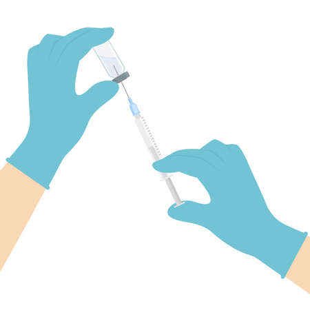 Syringe and ampoule with vaccine in the hands of a doctor. Injection of flu shot, anesthesia, beauty injection. Vectorのイラスト素材