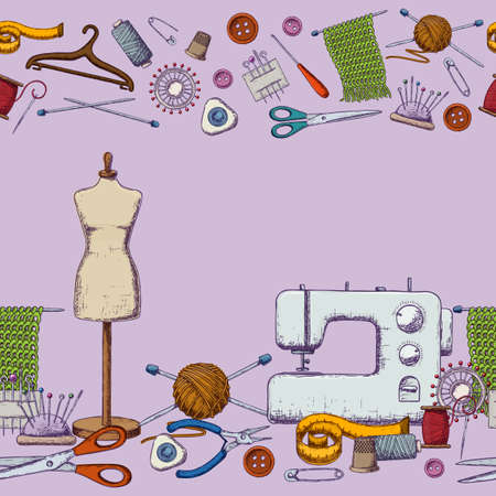 Seamless borders of tools for needlework and sewing. Handmade equipment and needlework accessoriesy, sketch illustration. Vectorのイラスト素材