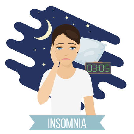 Sad tired sleepy woman suffers from insomnia. Female can not sleep, problems with sleep. Vectorのイラスト素材