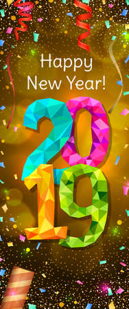 Happy New Year 2019 greeting vertical banner. Festive illustration with colorful confetti, party popper and sparkles. Vectorのイラスト素材