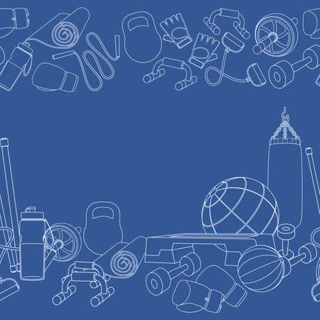Seamless borders of fitness accessories, line illustration of gym equipment for home exercise. Vectorのイラスト素材