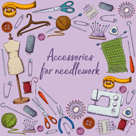 Set of tools for needlework and sewing. Handmade equipment and needlework accessories, sketch illustration. Vectorのイラスト素材