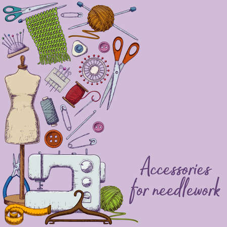 Set of tools for needlework and sewing. Handmade equipment and needlework accessoriesy, sketch illustration. Vectorのイラスト素材