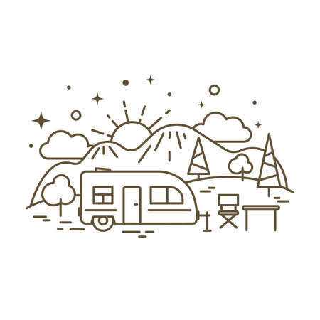 Cute flat line icon of camp trailer. Vectorのイラスト素材