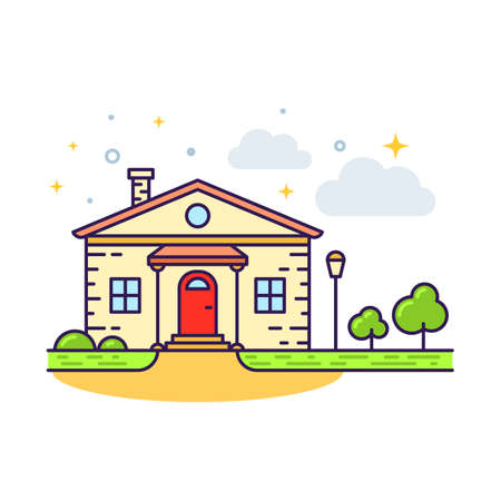 Cute flat line icon of colorful country house. Vectorのイラスト素材