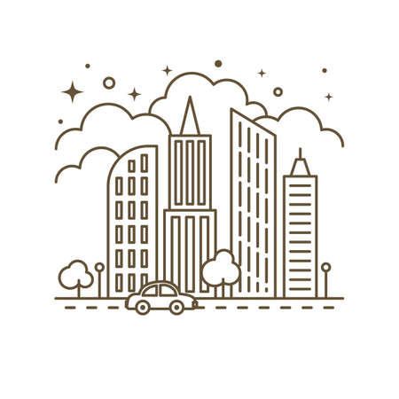 Cute flat line icon of city skyscrapers. Vectorのイラスト素材