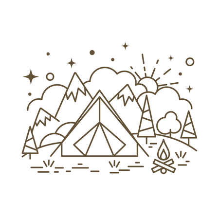 Cute flat line icon of tourist camping tent. Vectorのイラスト素材