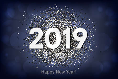 Happy New Year 2019 background with silver glitter and confetti. Vector