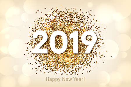Happy New Year 2019 background with gold glitter and confetti. Vectorのイラスト素材