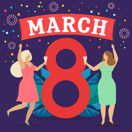 Women celebrate 8 march, give presents and have fun. Happy women's day. Vectorのイラスト素材