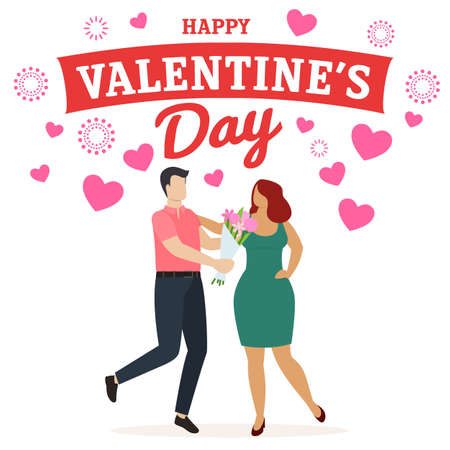 Couple of happy man and woman celebrate Valentine's Day, give presents and have fun. Vectorのイラスト素材