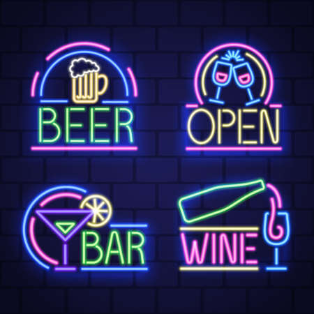 Set of night neon bar advensing. Bar badges in neon style, light banner, neon sign board. Vectorのイラスト素材
