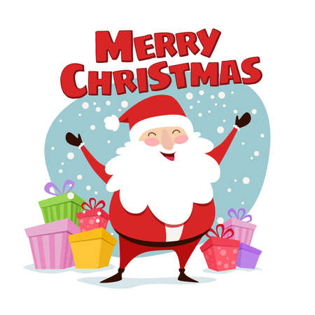 Merry Christmas and a Happy New Year cute illustration. Happy Santa Claus with gifts wishes Merry Christmas. Vectorのイラスト素材