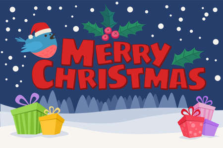 Merry Christmas and Happy New Year cute illustration. Christmas landscape with snow and Christmas trees. Vectorのイラスト素材