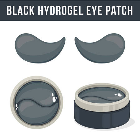Black hydrogel eye patches. Cosmetic collagen eye patches. Pot with eye patches for beauty and skin care. Vectorのイラスト素材
