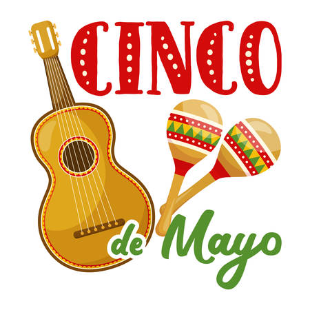 Cinco de mayo badge, mexican traditional fiesta. Mexican musical instrument - guitar and maracas. Vectorのイラスト素材