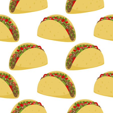 Seamless pattern of Mexican traditional food - taco, forcemeat with tortilla and vegetables. Vectorのイラスト素材