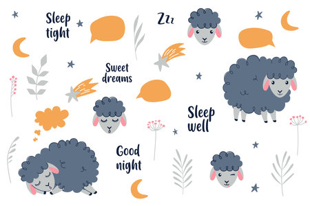 Cute sheeps collection. Sweet dreams, Counting sheeps - Baby nursery collection. Vectorのイラスト素材