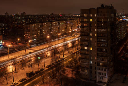 View from a height on a street at night in sleeping quartersの写真素材