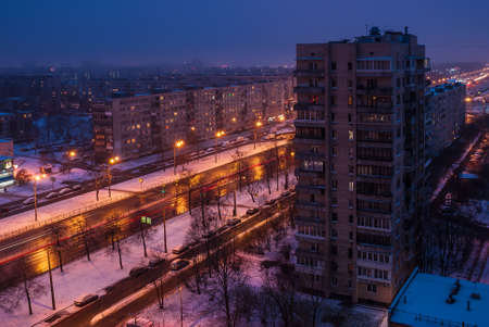 View from a height on a street at twilight in sleeping quartersの写真素材