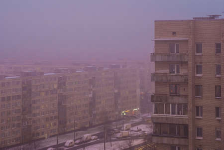 Morning fog over sleeping quartersの写真素材