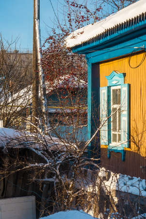 Corner of village house in sunny winter dayの写真素材