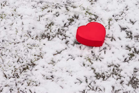 Red box heart shaped on snowy ground in winter parkの写真素材