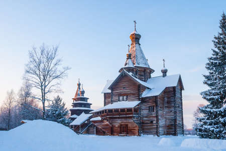 Veliky Novgorod, Russia - December 28, 2014: Wooden church in winter forest photographed in the Museum of Wooden Architecture called "Vitoslavlitsy"のeditorial素材